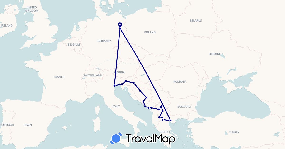 TravelMap itinerary: driving in Bosnia and Herzegovina, Germany, Greece, Croatia, Italy, Montenegro, Macedonia, Slovenia, Kosovo (Europe)